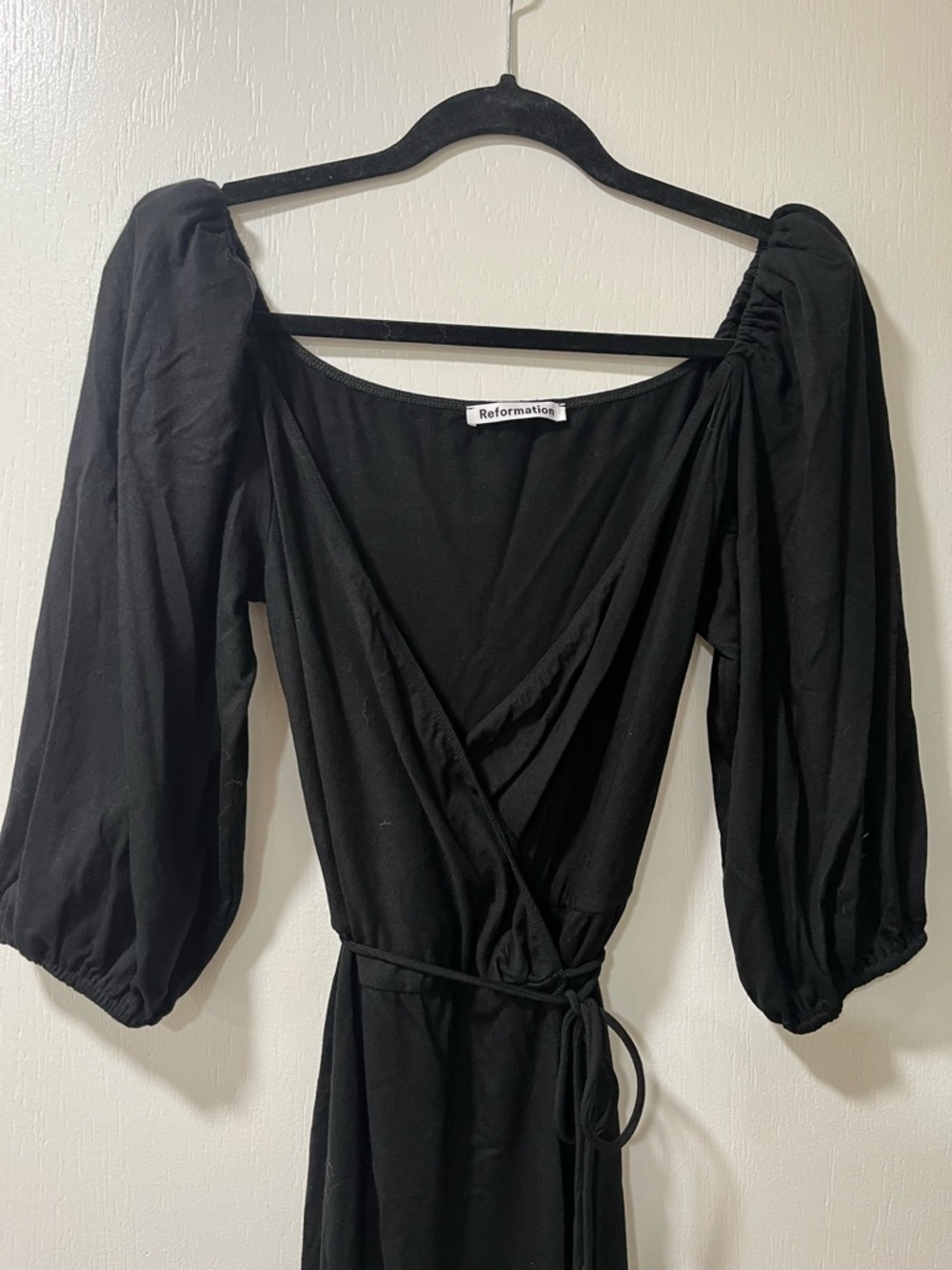 Reformation Black Puff Sleeve Wrap Midi Dress - Picture 4 of 8